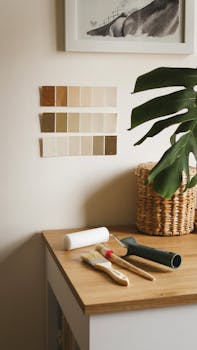 A cozy room with paint swatches, brushes, and a monstera plant in a basket.