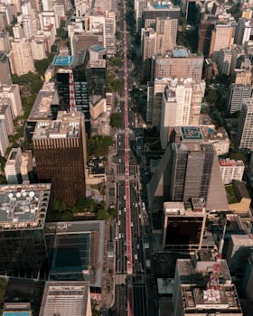 Aerial view of bustling Paulista Avenue in São Paulo with surrounding skyscrapers.