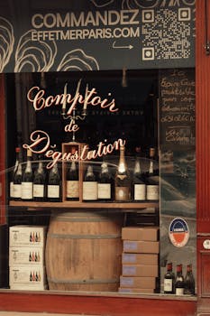 Charming Paris wine shop showcasing a variety of bottles, inviting ambiance.