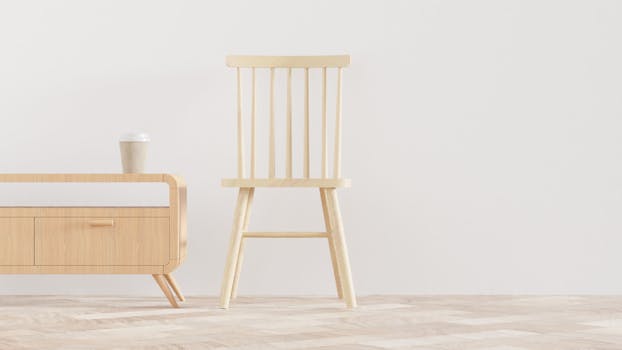 Simple and modern wooden chair and cabinet in a minimalist interior.