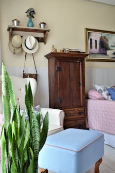 Stylish bedroom featuring vintage wooden furniture and cozy decor.