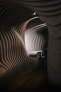 Stylish interior showcasing abstract architectural elements in Buenos Aires cafe.